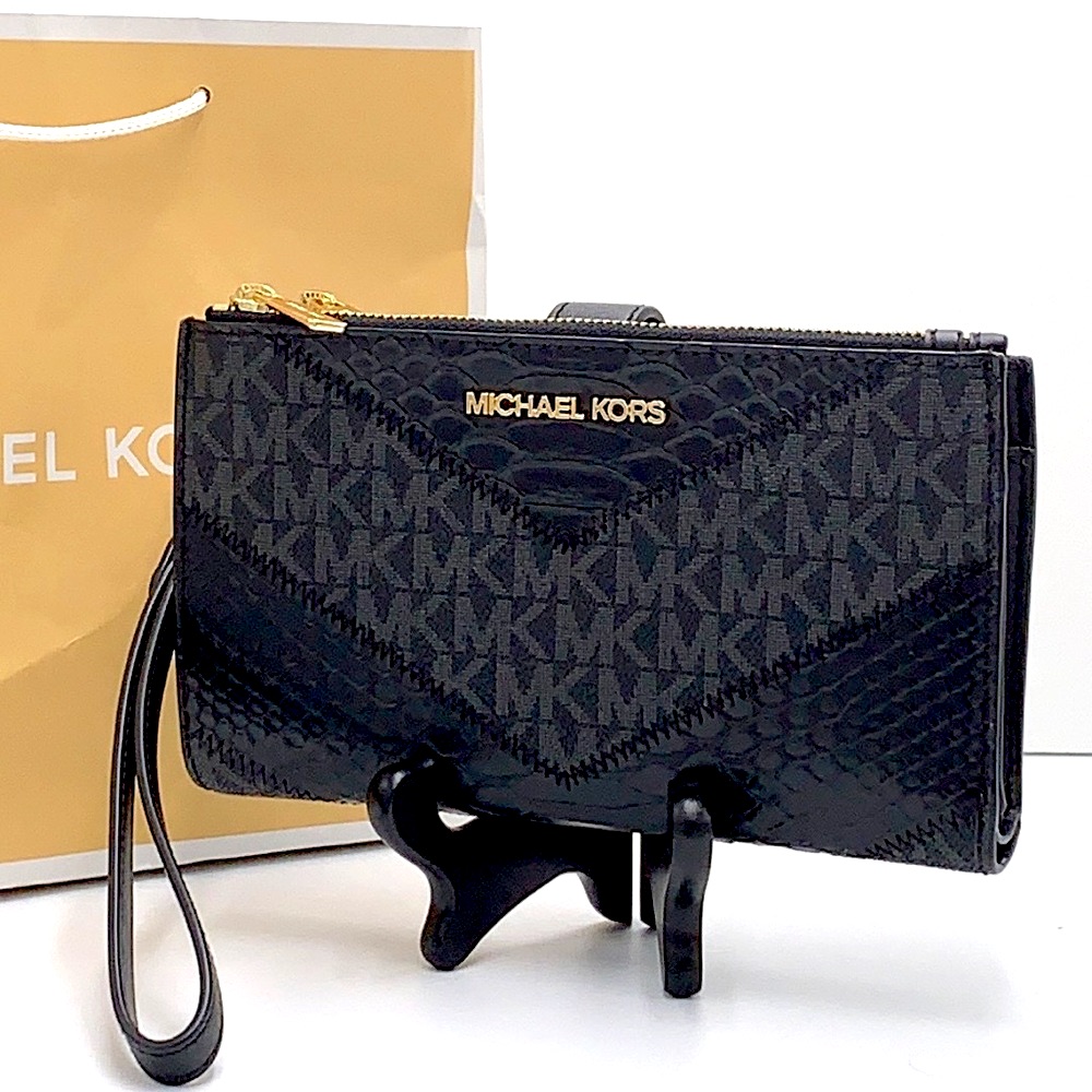 Michael Kors Large Double Zip Wristlet Smartphone Case Wallet Black Multi
